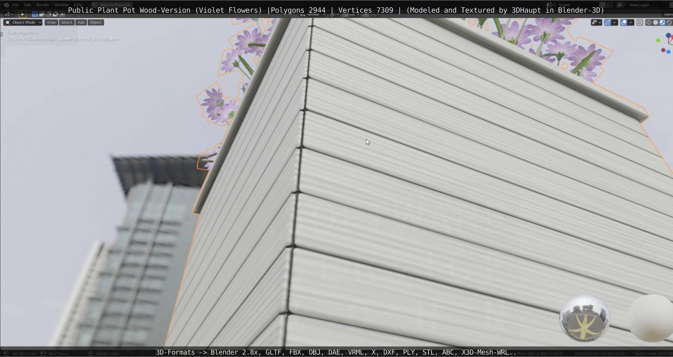 Public Plant Pot Wood-Version with Violet Flowers Low-poly 3D model_66