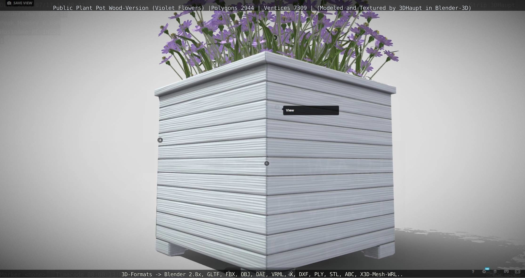 Public Plant Pot Wood-Version with Violet Flowers Low-poly 3D model_98