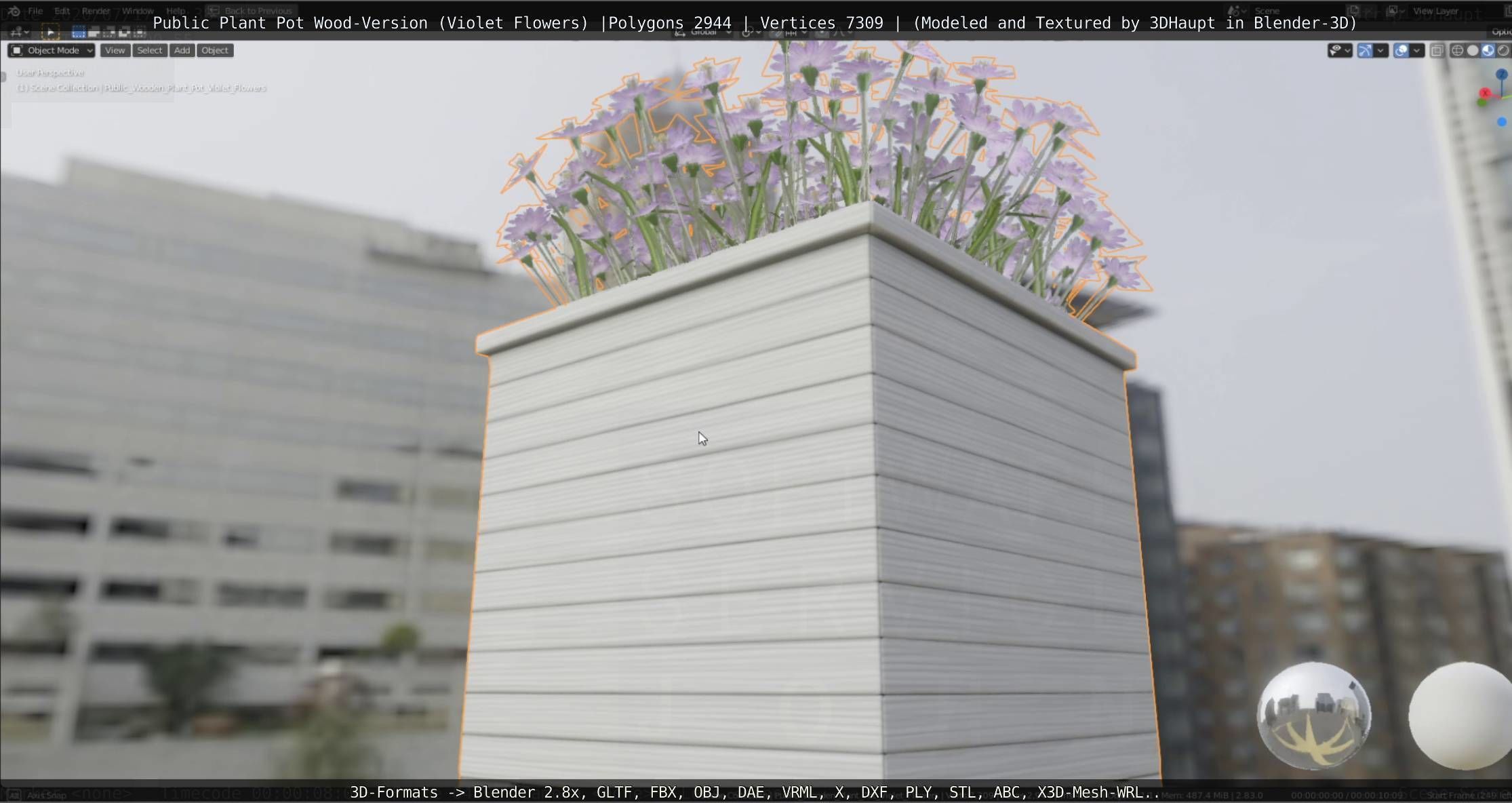 Public Plant Pot Wood-Version with Violet Flowers Low-poly 3D model_68