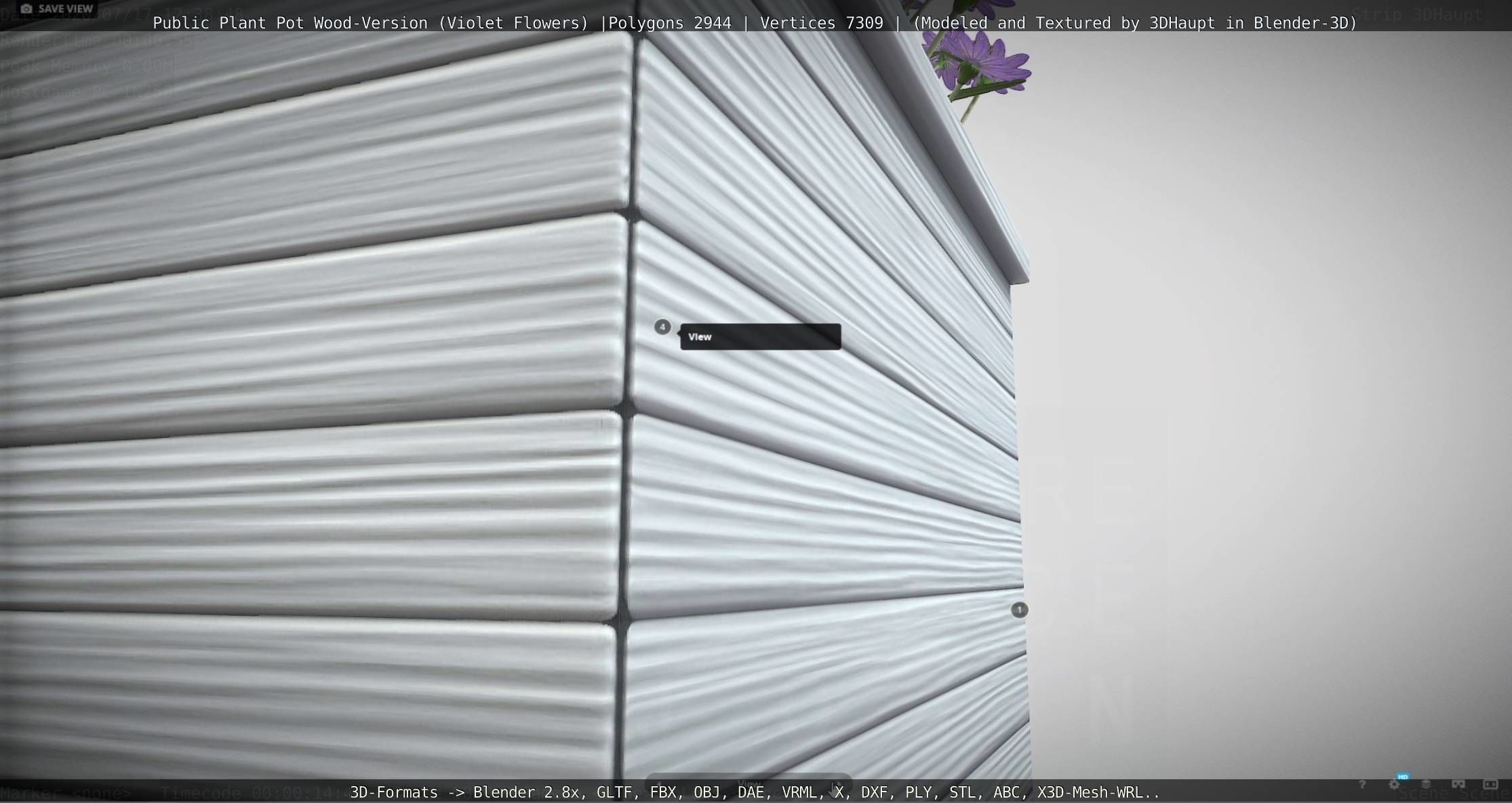 Public Plant Pot Wood-Version with Violet Flowers Low-poly 3D model_108