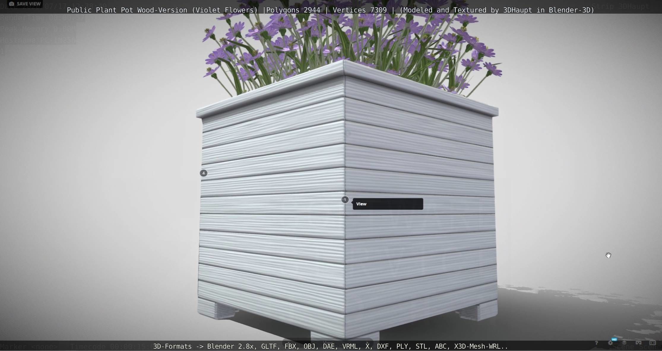 Public Plant Pot Wood-Version with Violet Flowers Low-poly 3D model_110