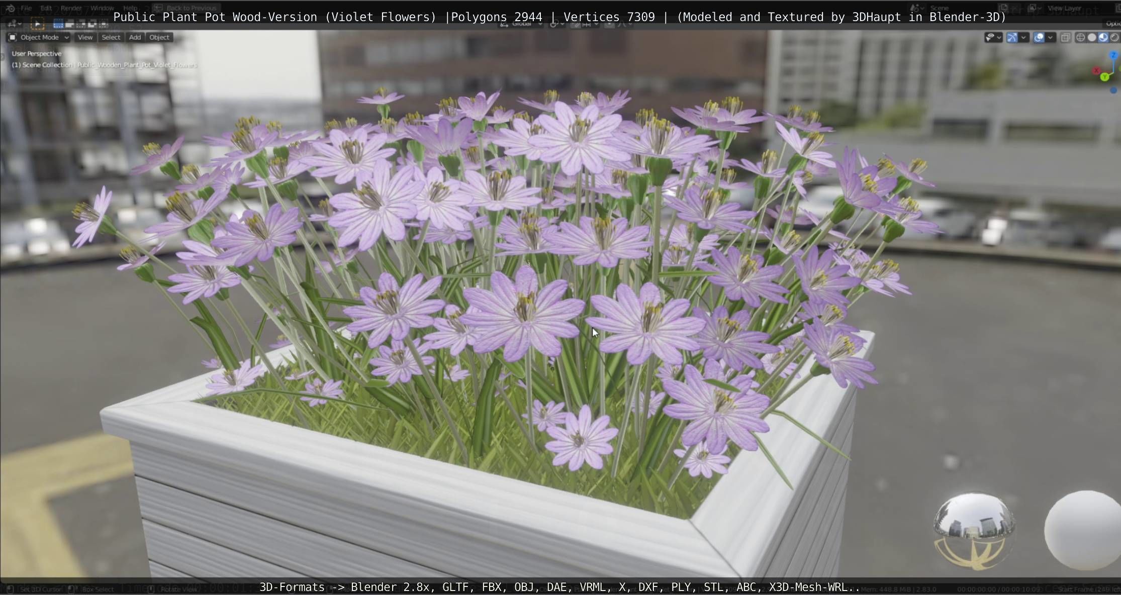 Public Plant Pot Wood-Version with Violet Flowers Low-poly 3D model_28