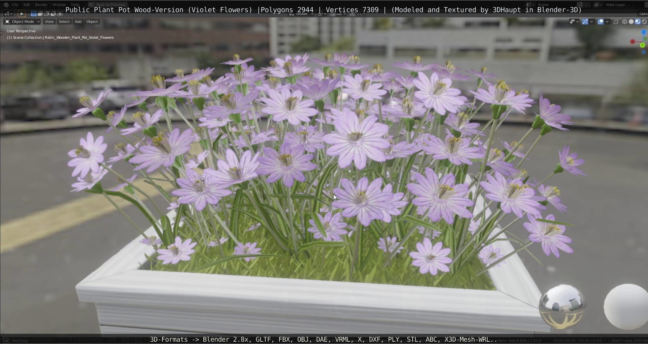 Public Plant Pot Wood-Version with Violet Flowers Low-poly 3D model_29