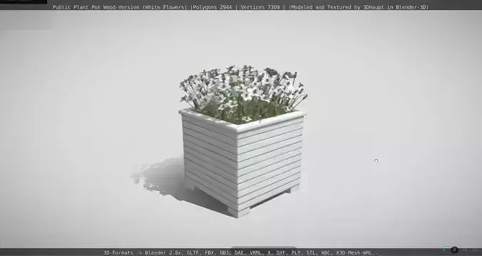 Public Plant Pot Wood-Version with White Flowers Low-poly 3D model