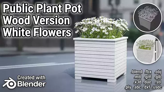 Public Plant Pot Wood-Version with White Flowers