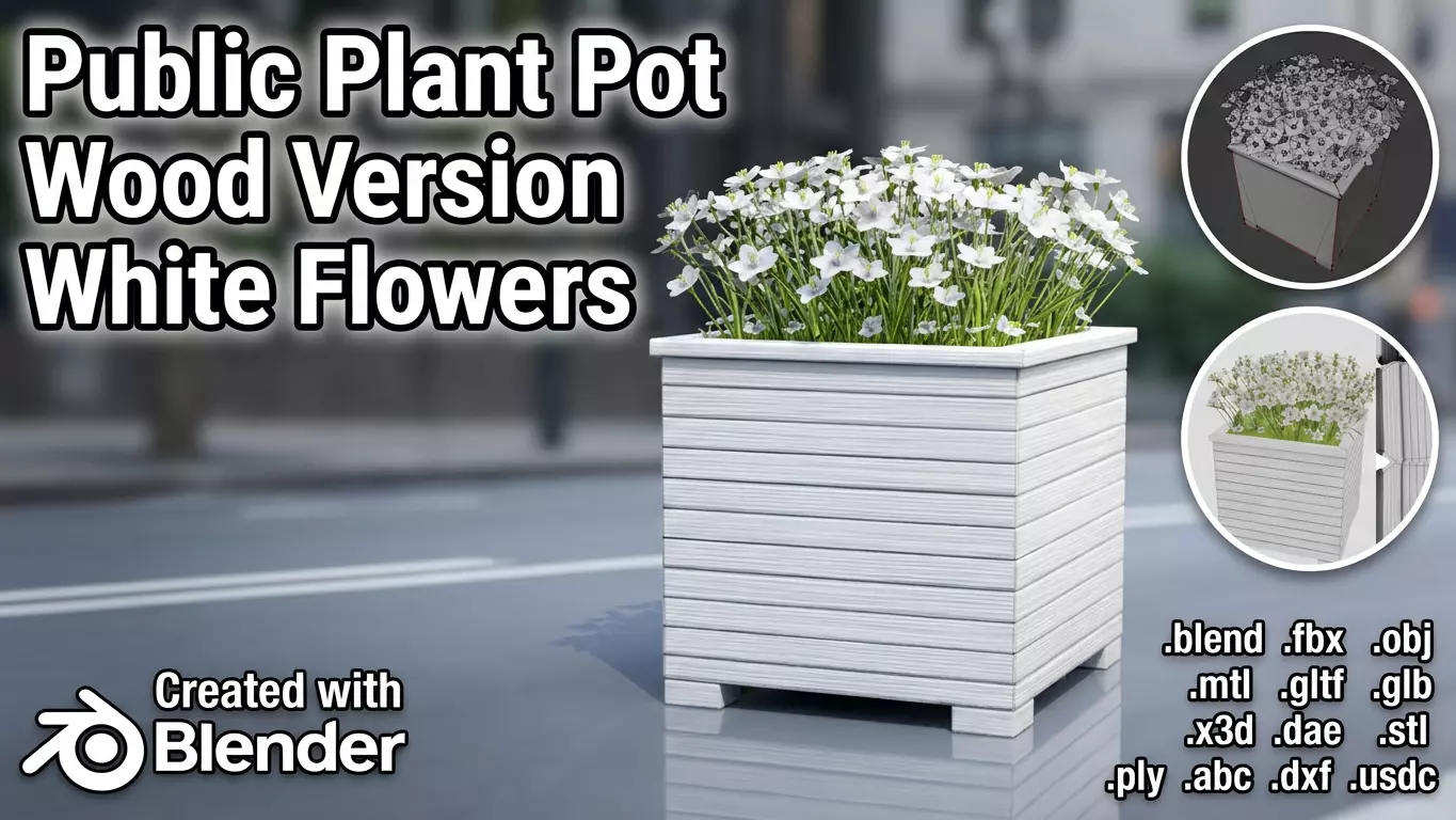 Public Plant Pot Wood-Version with White Flowers Low-poly 3D model