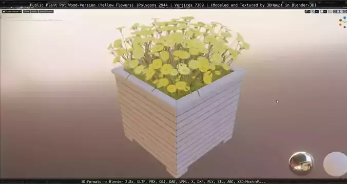 Public Plant Pot Wood-Version with Yellow Flowers   Low-poly 3D model