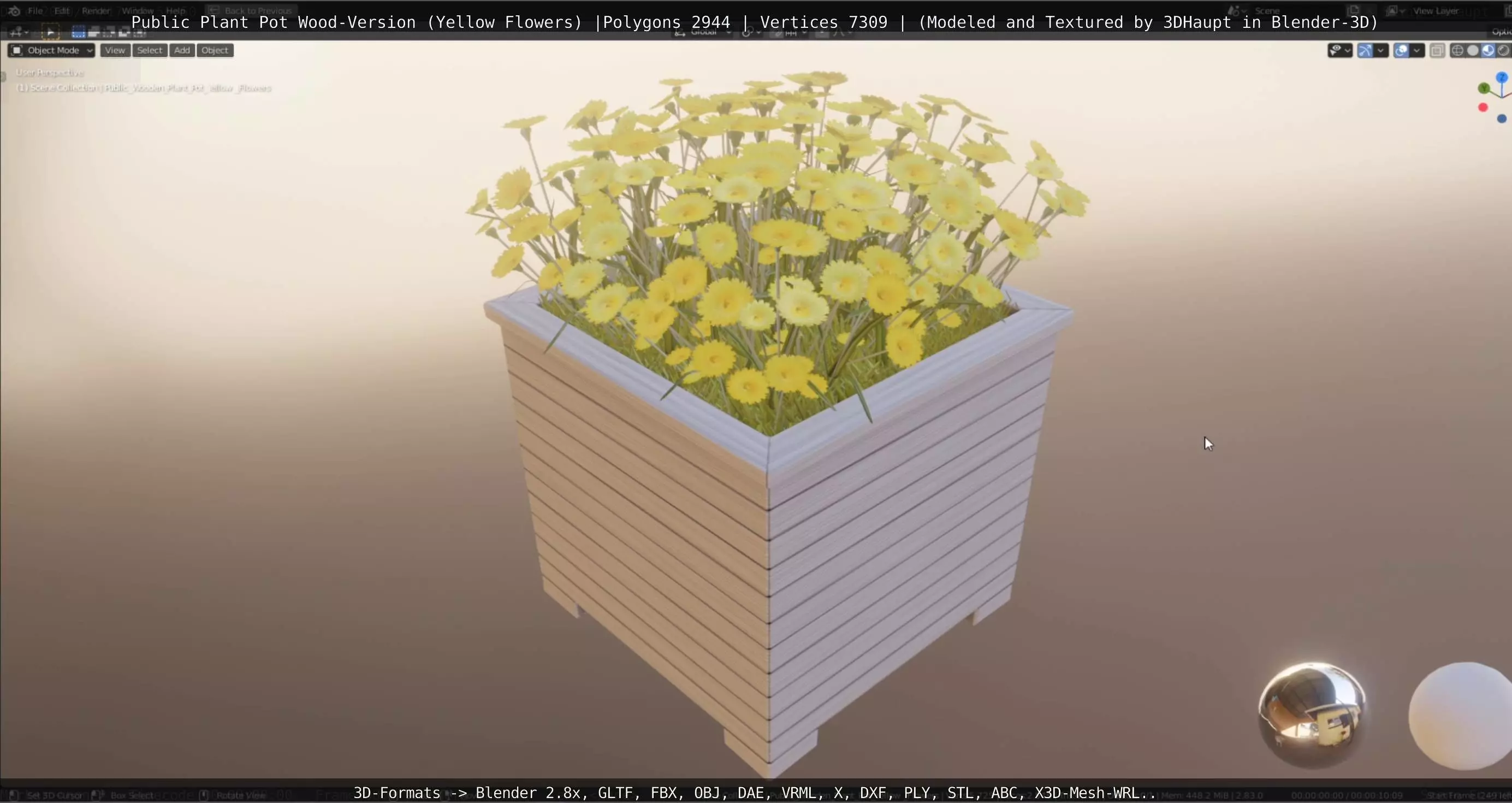 Public Plant Pot Wood-Version with Yellow Flowers Low-poly 3D model