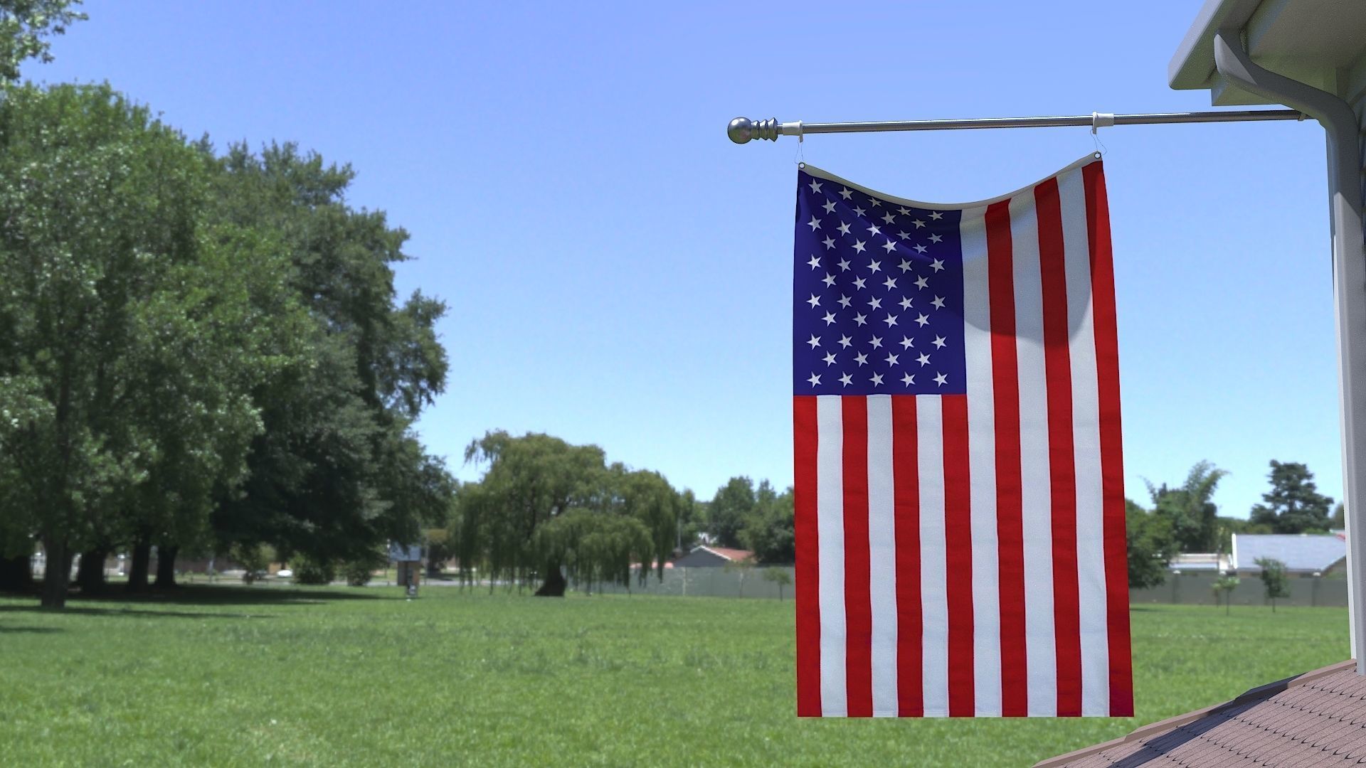 USA Flag and flagpole 3D model_8