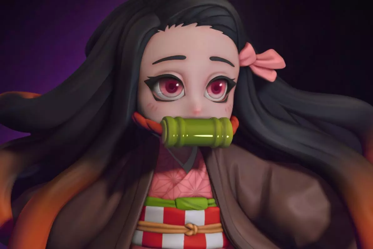 Nezuko anime girl in kimono holding pipe 3D print model_0