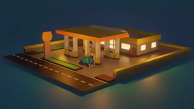 Low Poly Gas Station Low-poly 3D model