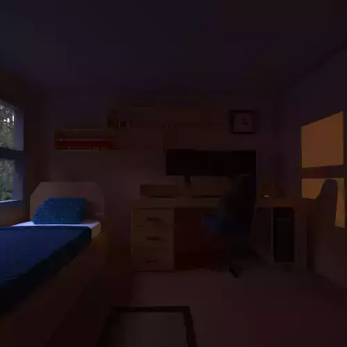 Bedroom room with bed and desk