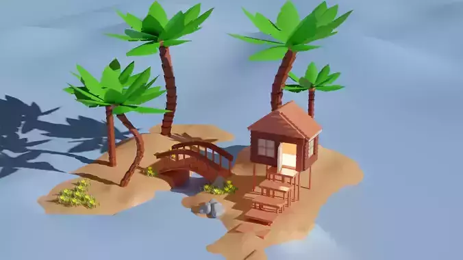 Low-poly House island with palm trees and