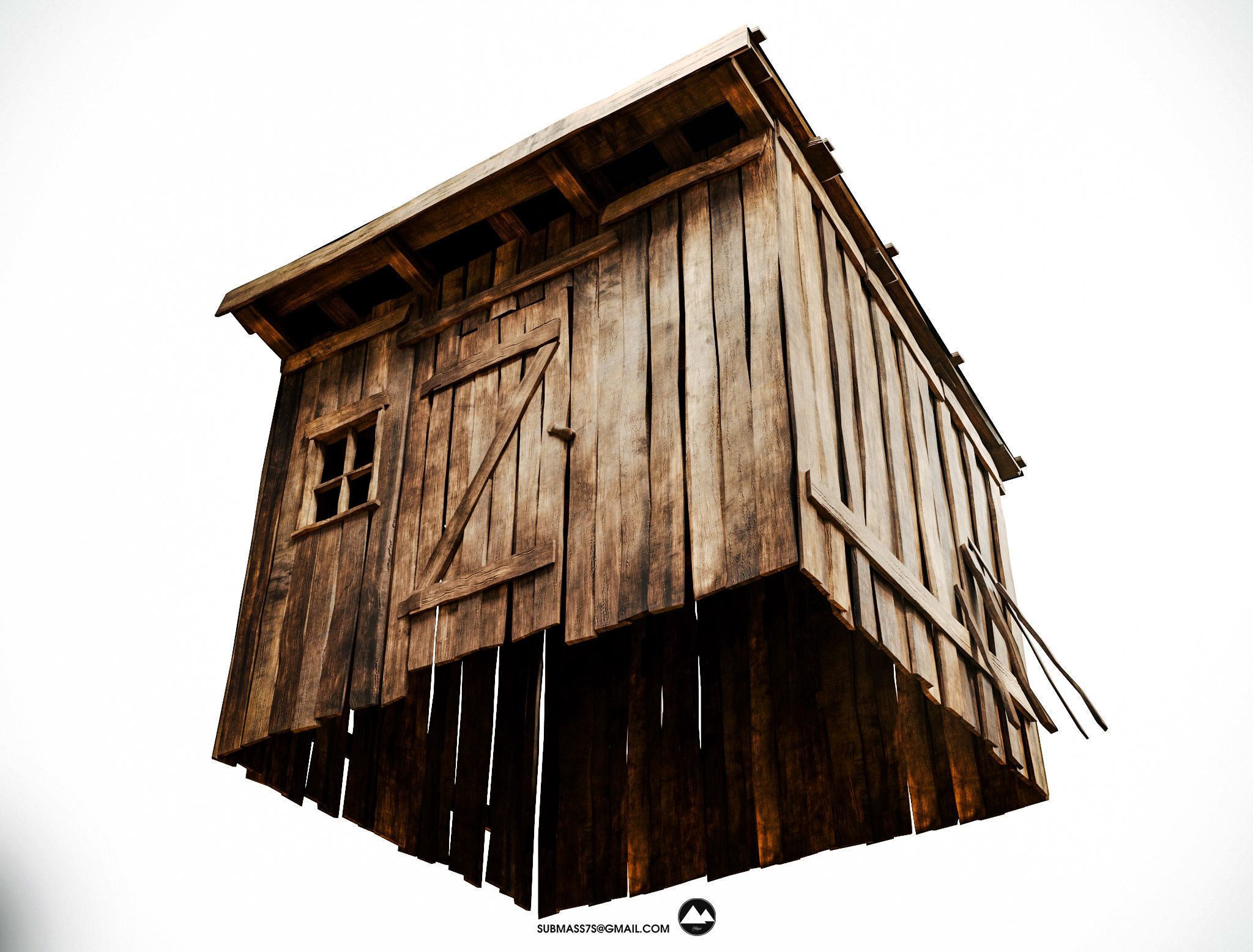 Old wooden shed Low-poly 3D model_8