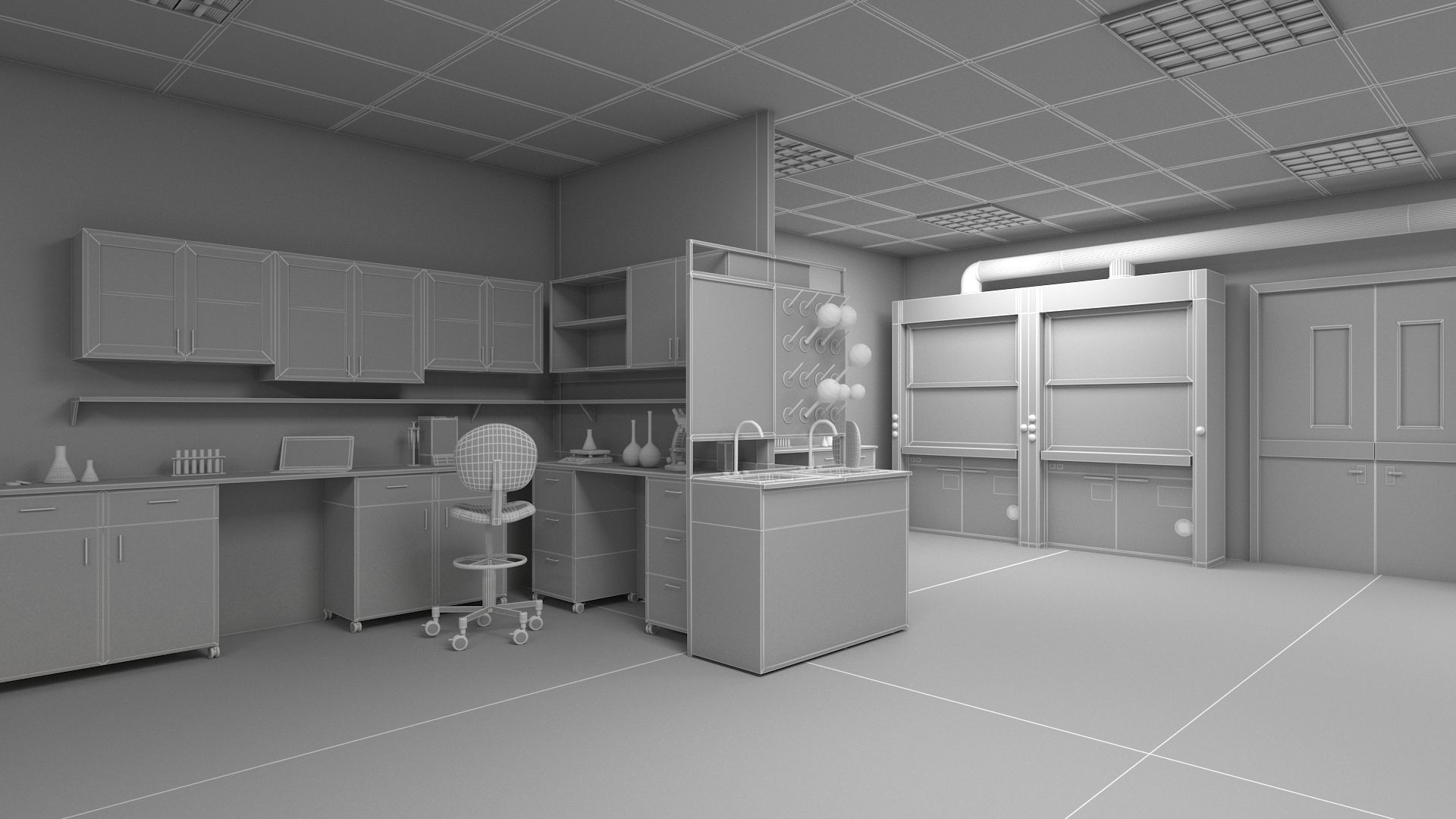 Laboratory 3D model with counter tops and chairs 3D model_3