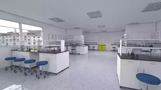 Laboratory 3D model with counter tops and chairs 3D model