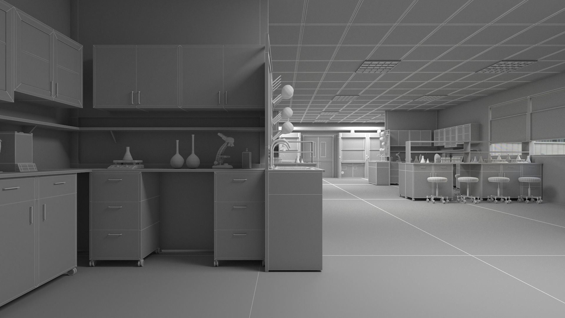 Laboratory 3D model with counter tops and chairs 3D model_2
