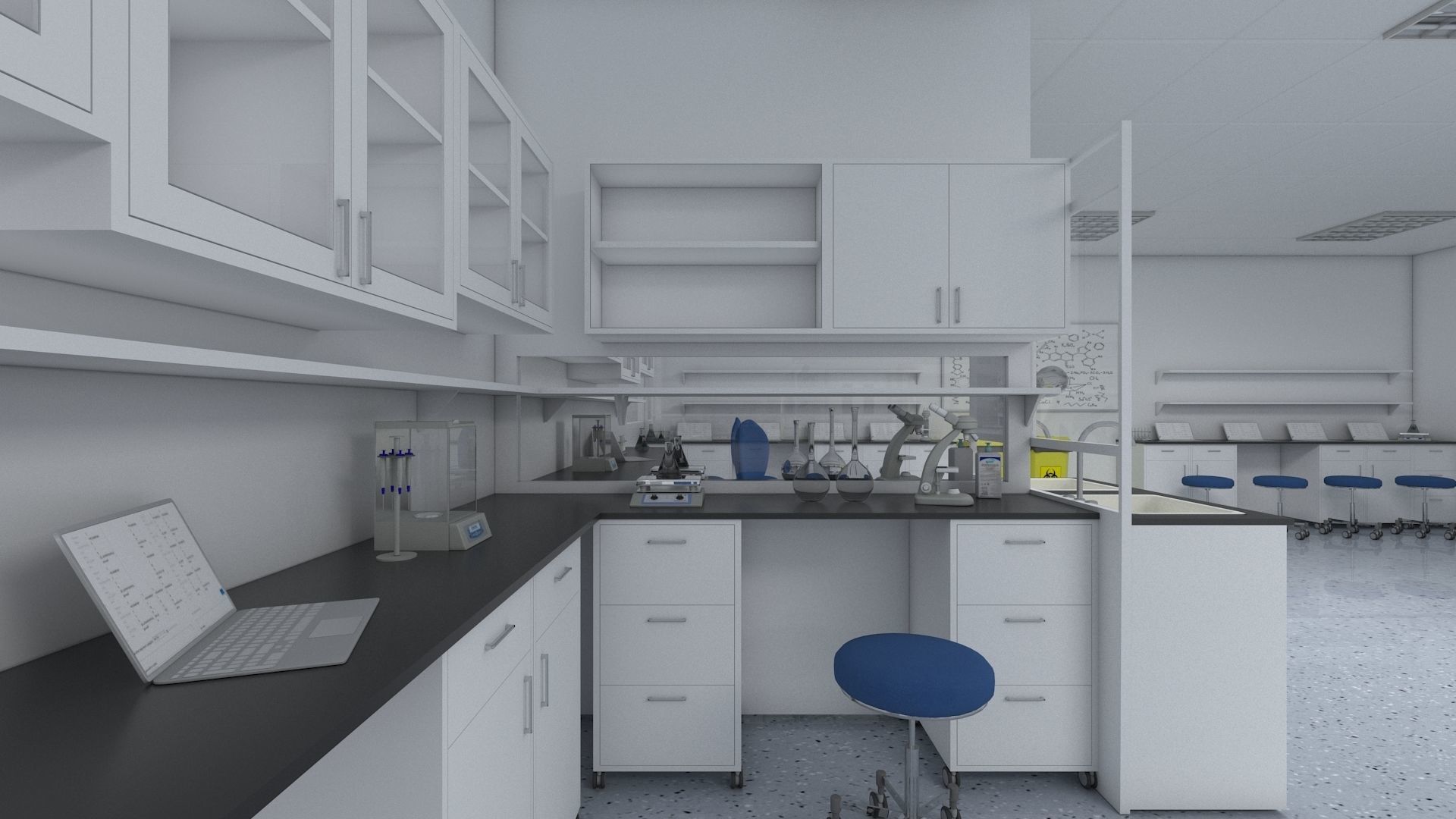 Laboratory 3D model with counter tops and chairs 3D model_12