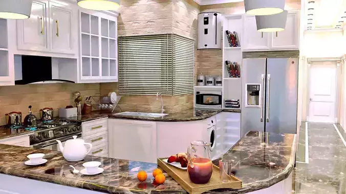 kitchen with cabinets and marble counter tops 3D model