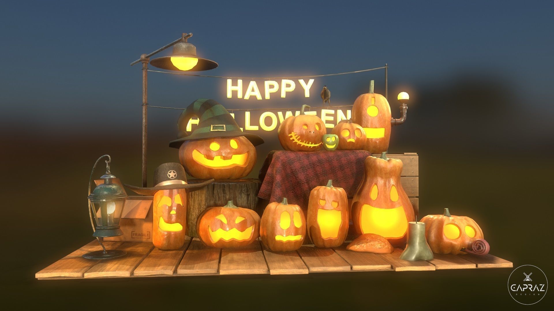 Happy Halloween Pumpkins Scene - PBR Low-poly 3D model_24