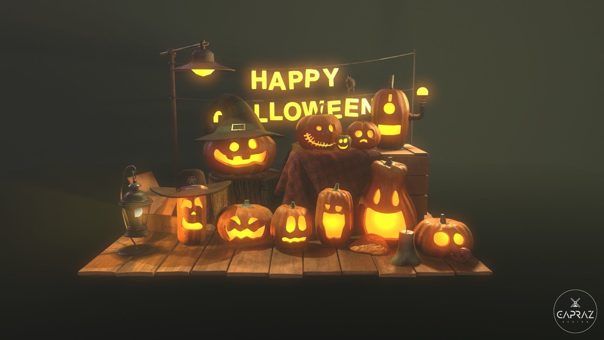 Happy Halloween Pumpkins Scene - PBR Low-poly 3D model_34