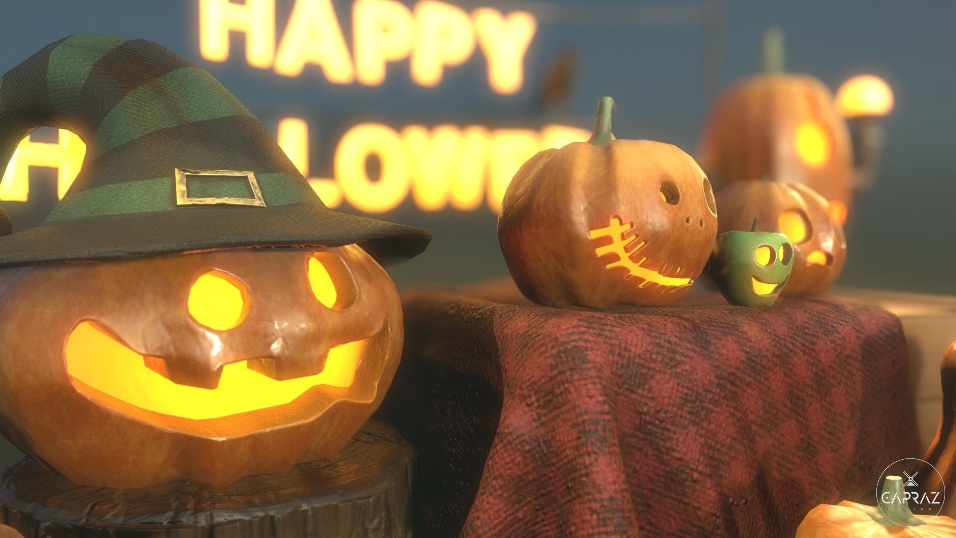 Happy Halloween Pumpkins Scene - PBR Low-poly 3D model_25