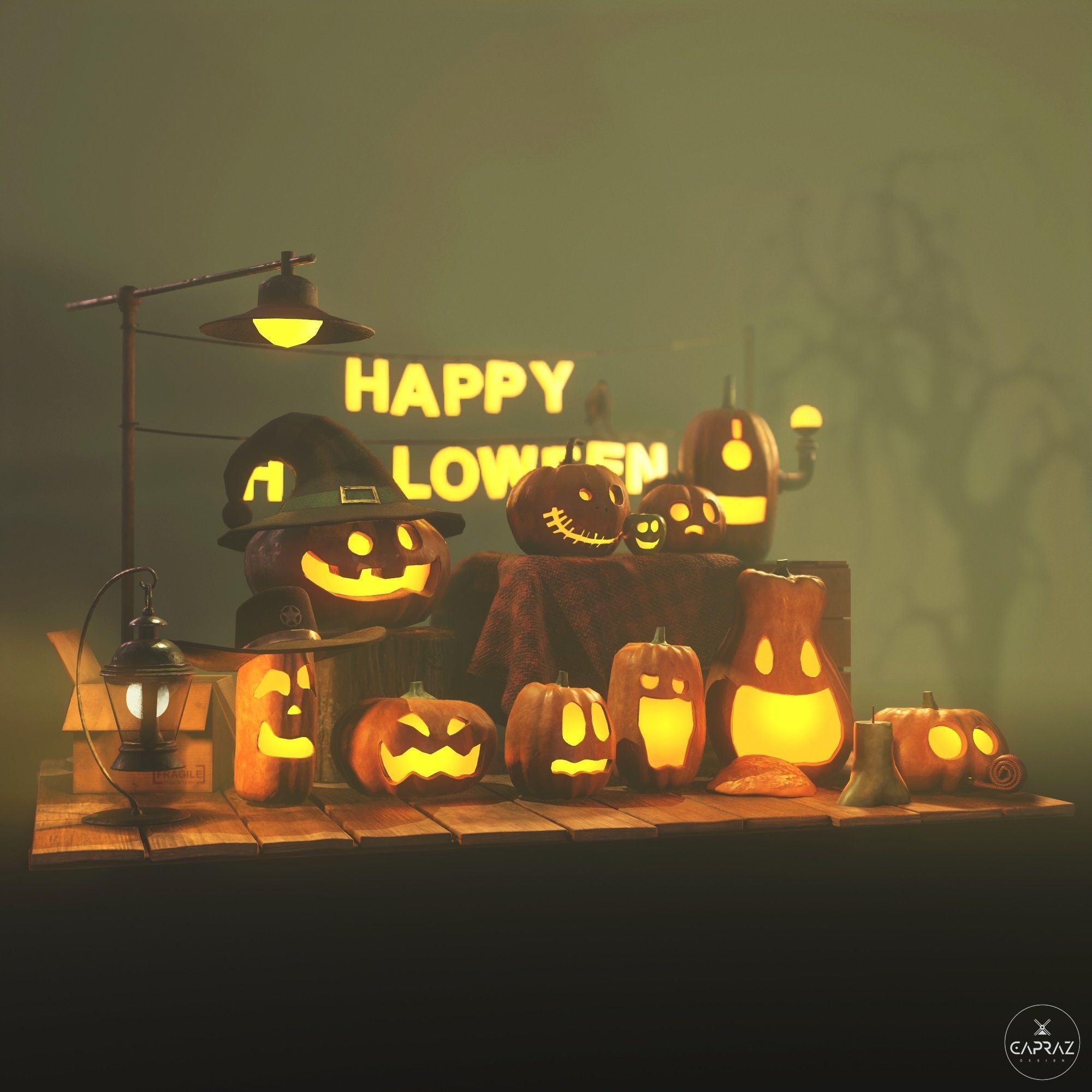 Happy Halloween Pumpkins Scene - PBR Low-poly 3D model_3