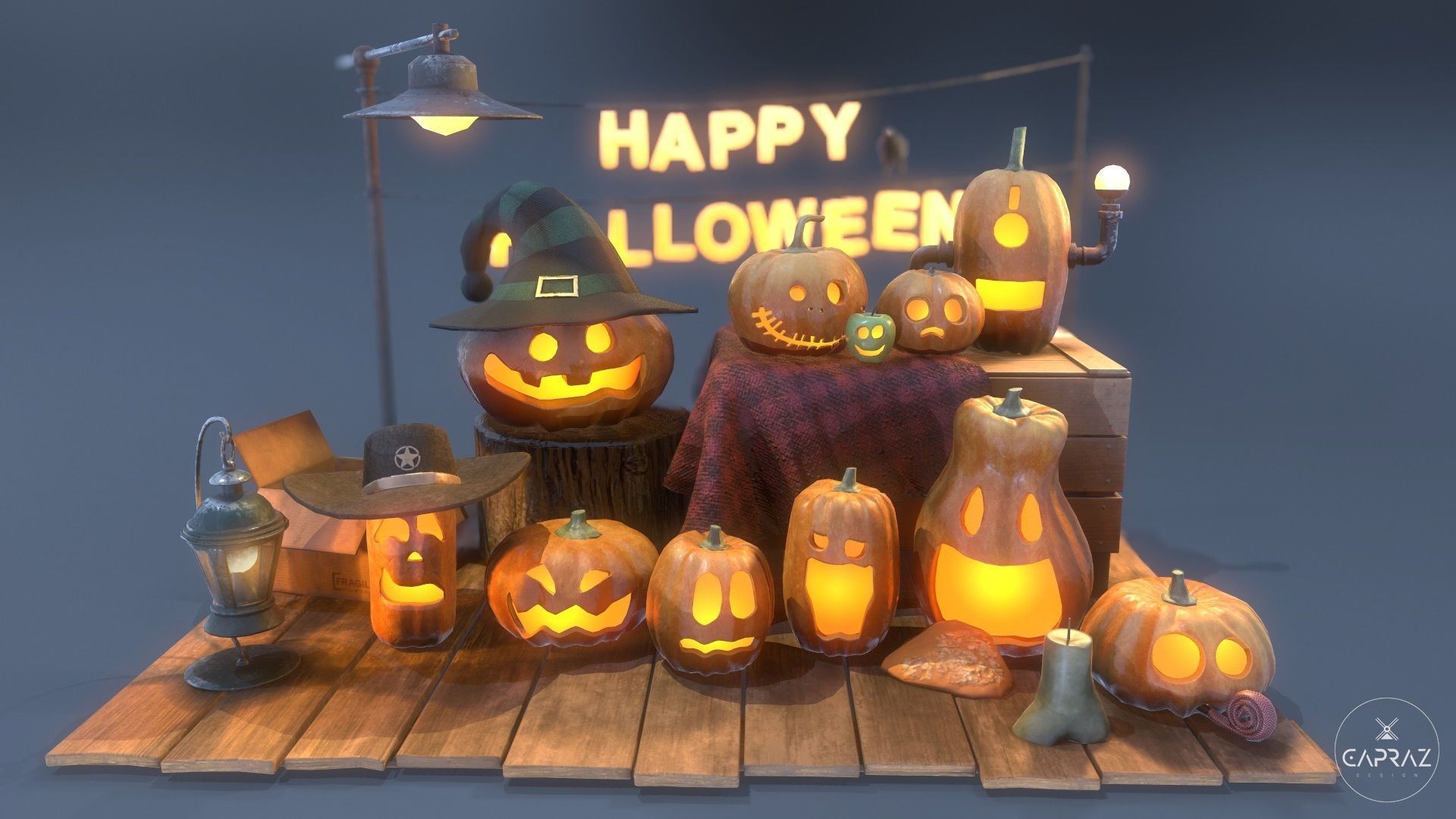 Happy Halloween Pumpkins Scene - PBR Low-poly 3D model_11