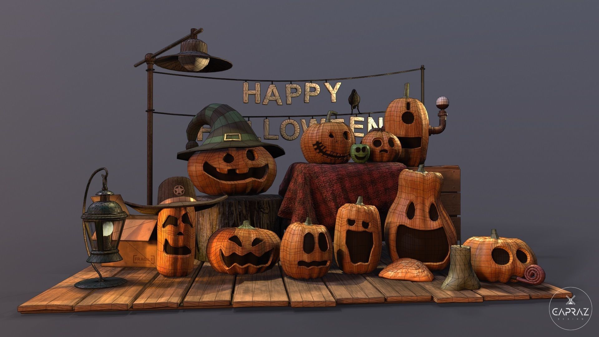 Happy Halloween Pumpkins Scene - PBR Low-poly 3D model_21