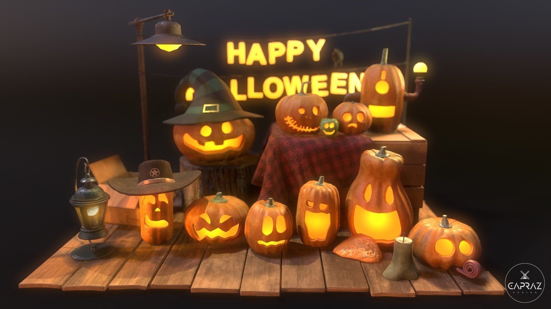 Happy Halloween Pumpkins Scene - PBR Low-poly 3D model_2