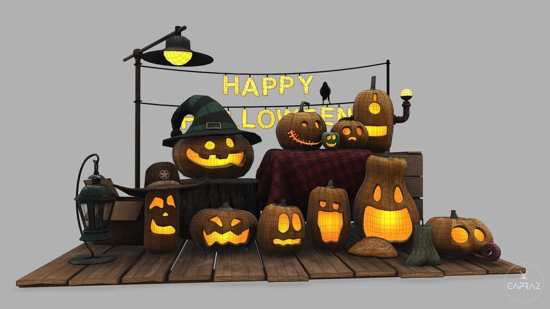 Happy Halloween Pumpkins Scene - PBR Low-poly 3D model_20