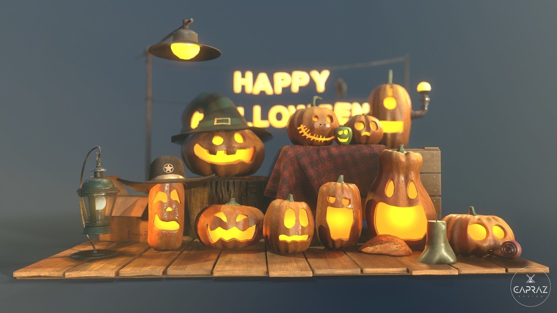 Happy Halloween Pumpkins Scene - PBR Low-poly 3D model_5