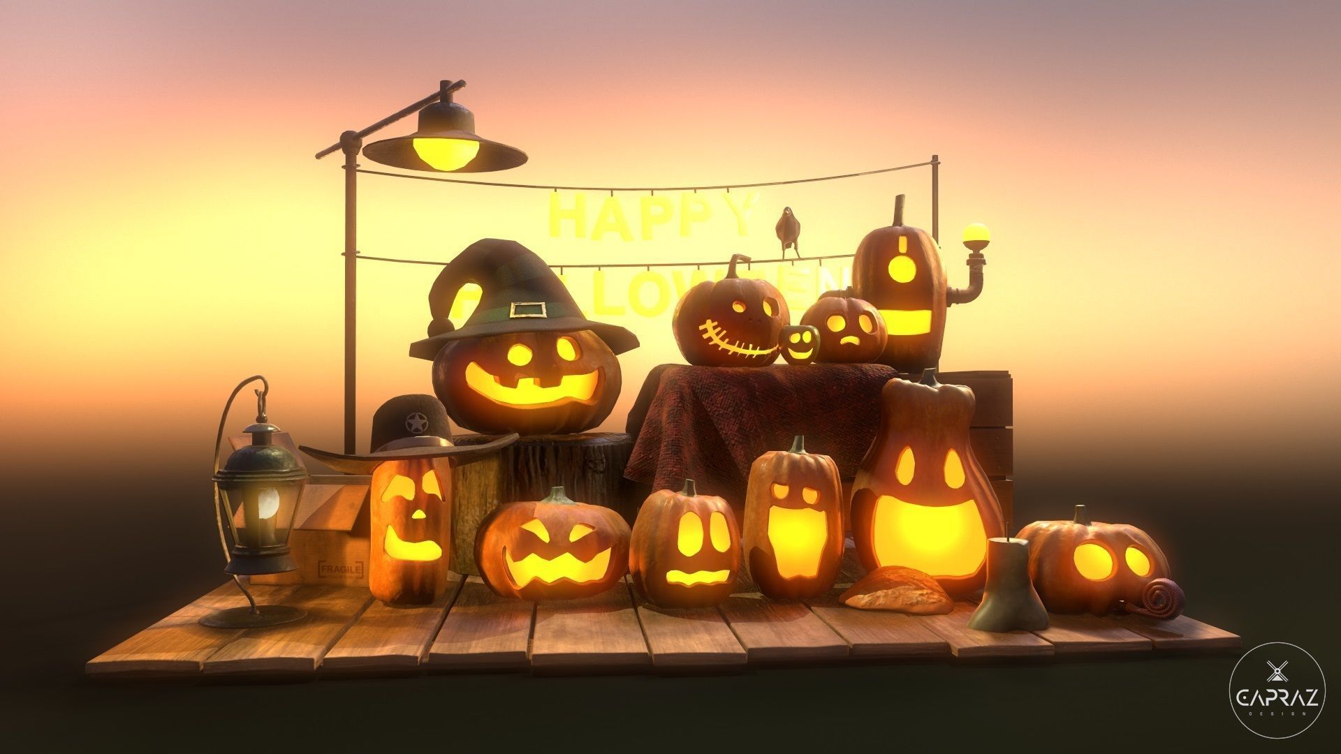 Happy Halloween Pumpkins Scene - PBR Low-poly 3D model_23