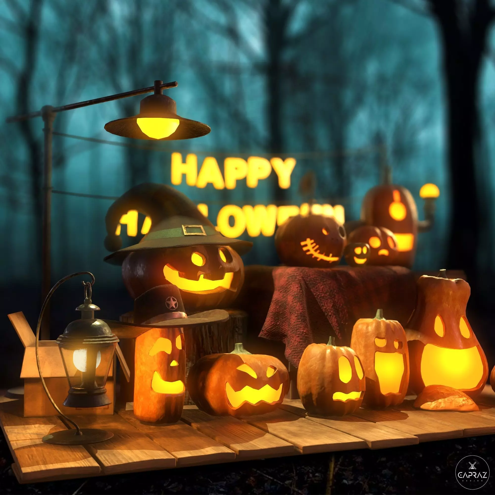 Happy Halloween Pumpkins Scene - PBR Low-poly 3D model_0