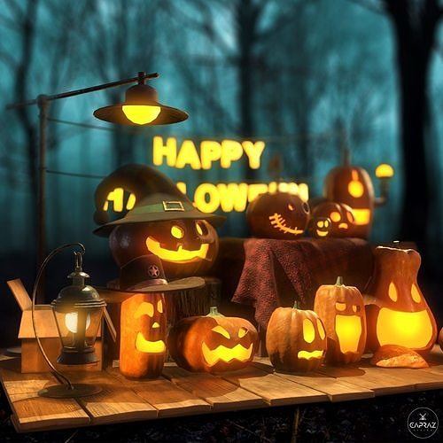 Happy Halloween Pumpkins Scene - PBR Low-poly 3D model