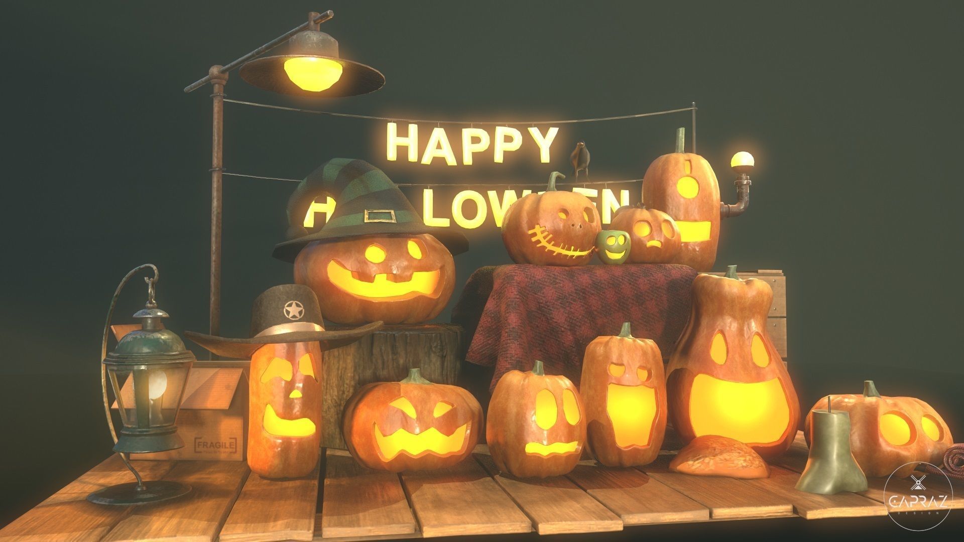Happy Halloween Pumpkins Scene - PBR Low-poly 3D model_32