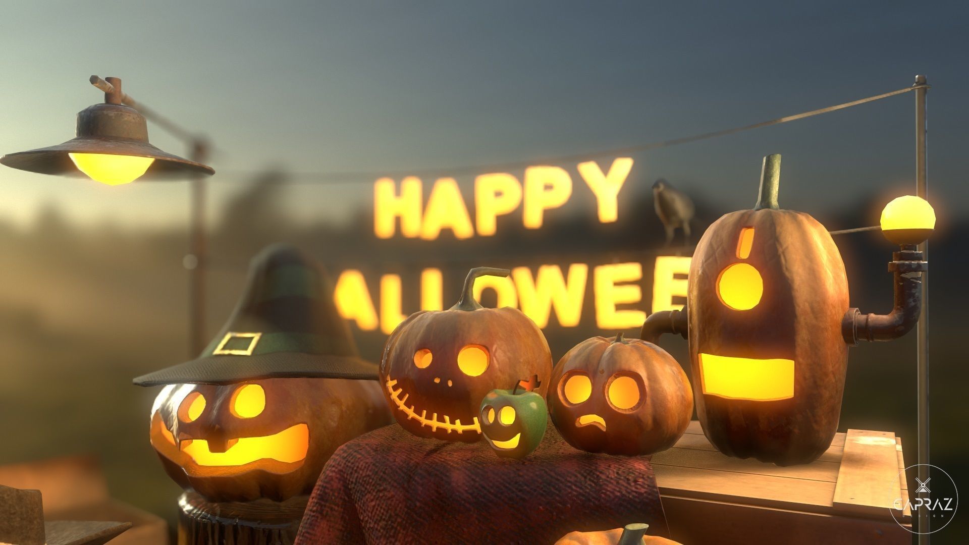 Happy Halloween Pumpkins Scene - PBR Low-poly 3D model_4