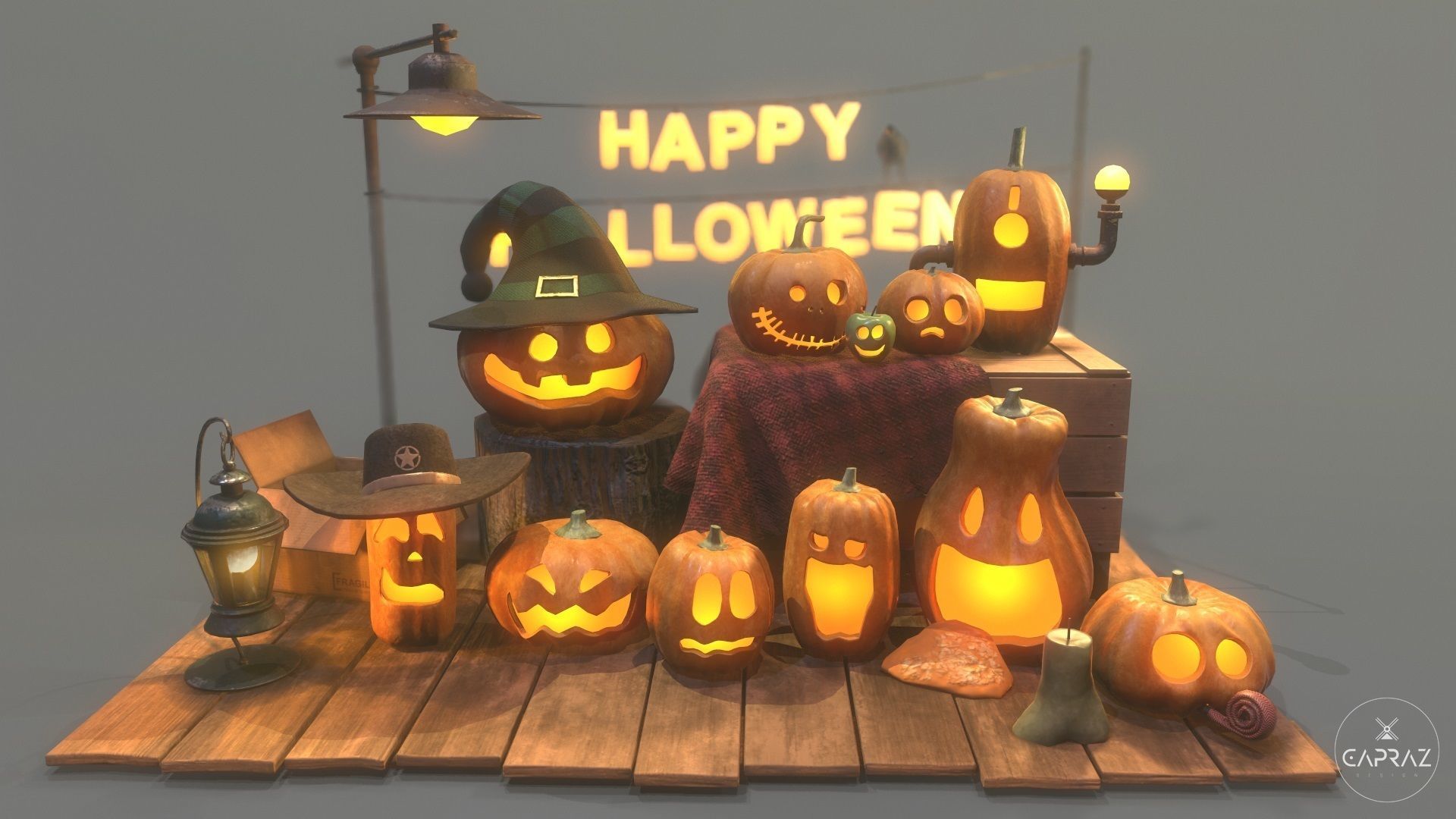 Happy Halloween Pumpkins Scene - PBR Low-poly 3D model_10
