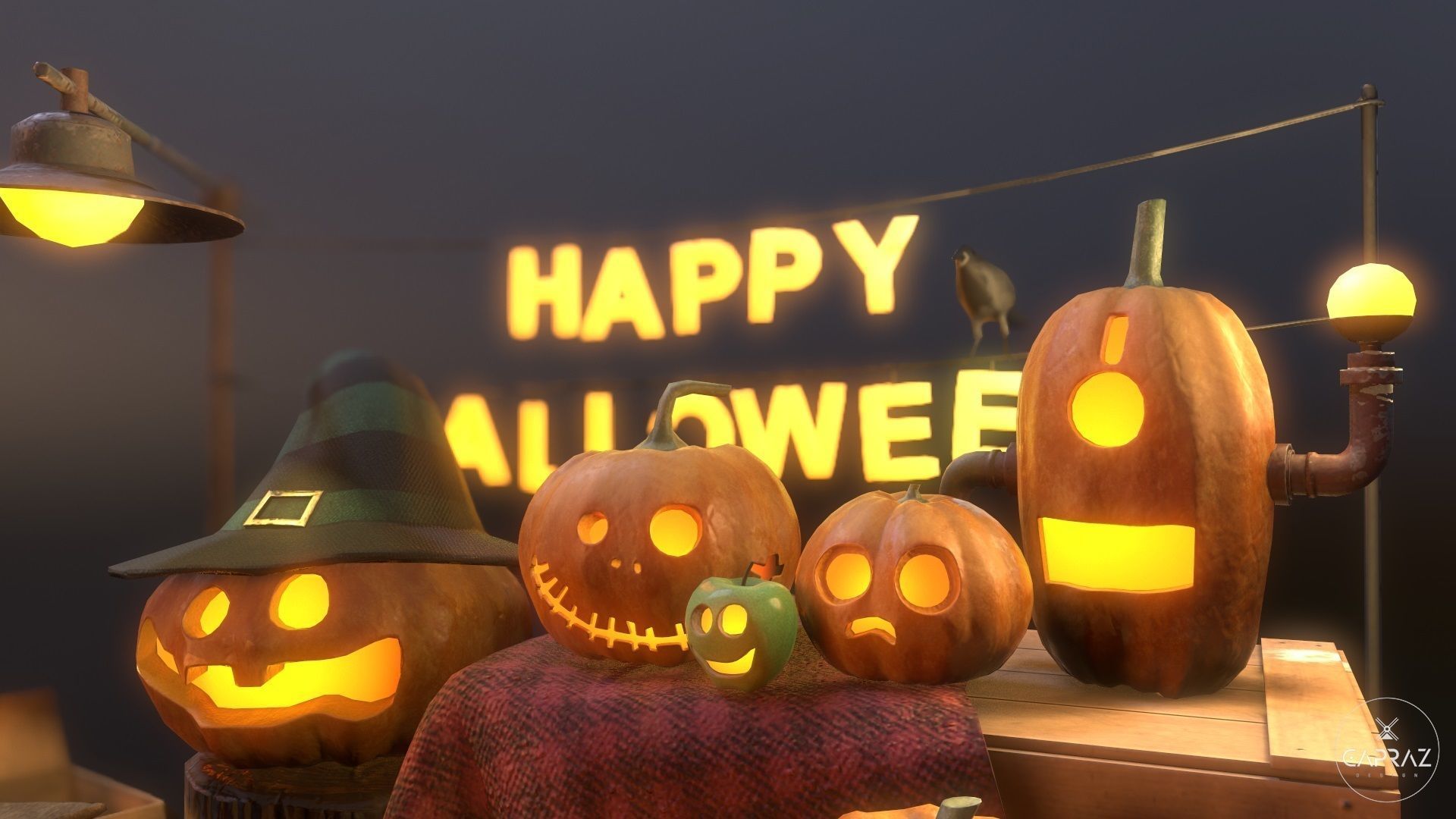 Happy Halloween Pumpkins Scene - PBR Low-poly 3D model_8