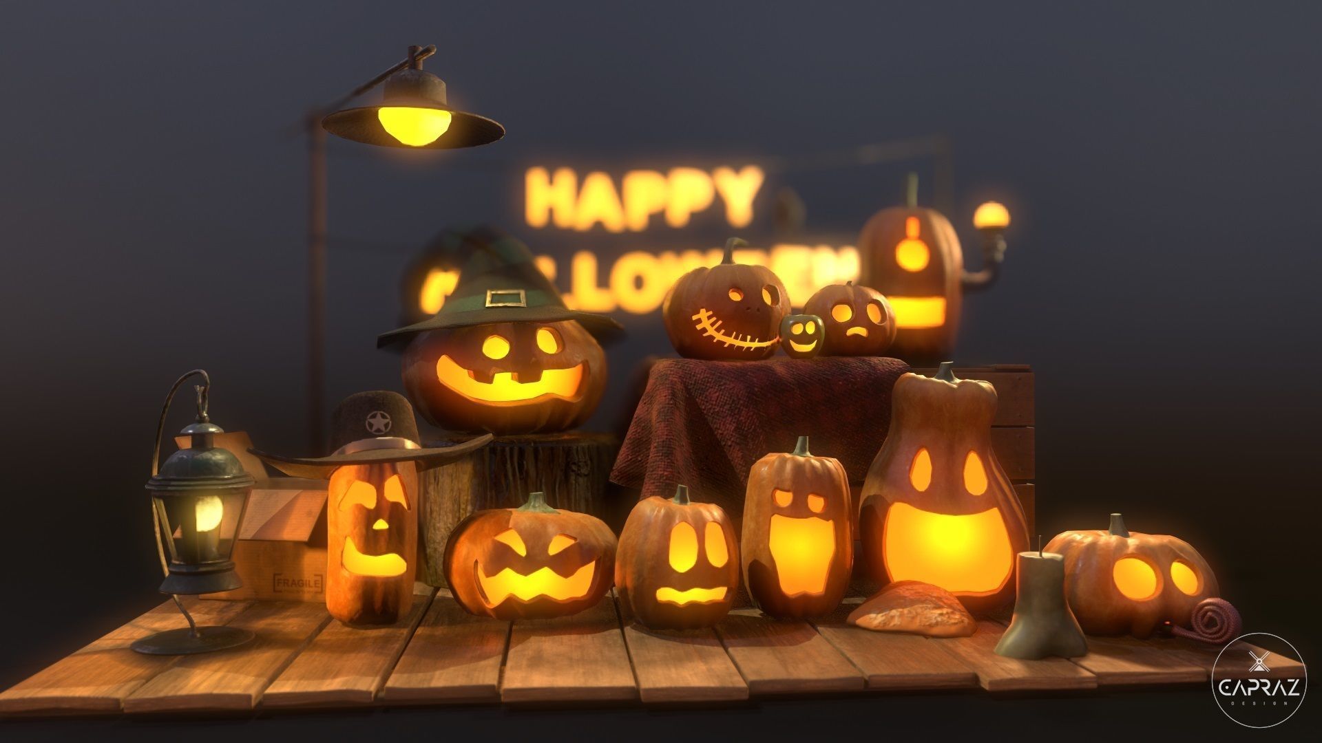 Happy Halloween Pumpkins Scene - PBR Low-poly 3D model_7