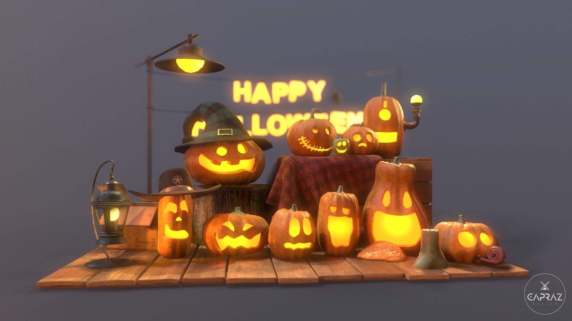 Happy Halloween Pumpkins Scene - PBR Low-poly 3D model_22