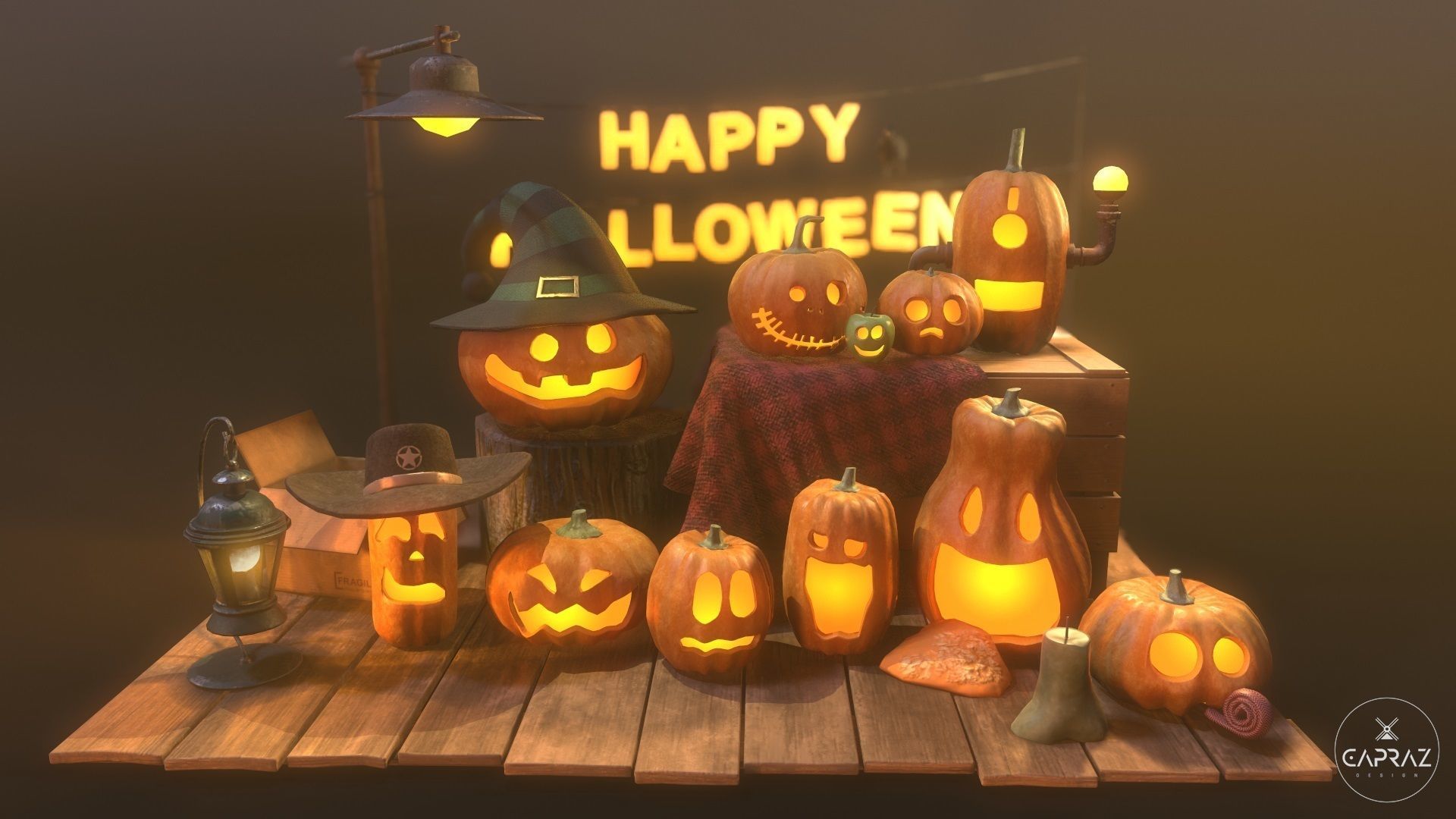 Happy Halloween Pumpkins Scene - PBR Low-poly 3D model_9