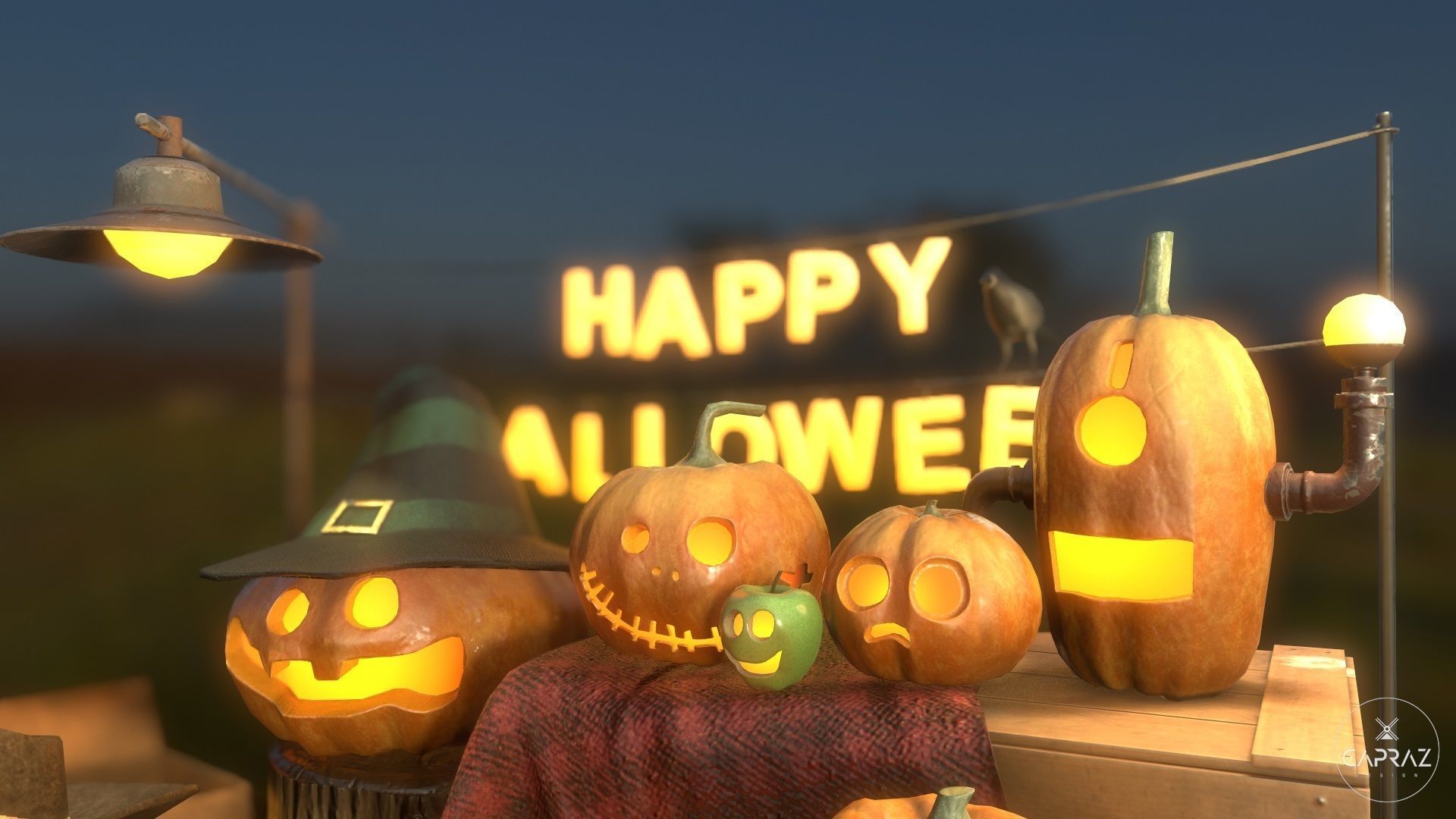 Happy Halloween Pumpkins Scene - PBR Low-poly 3D model_12