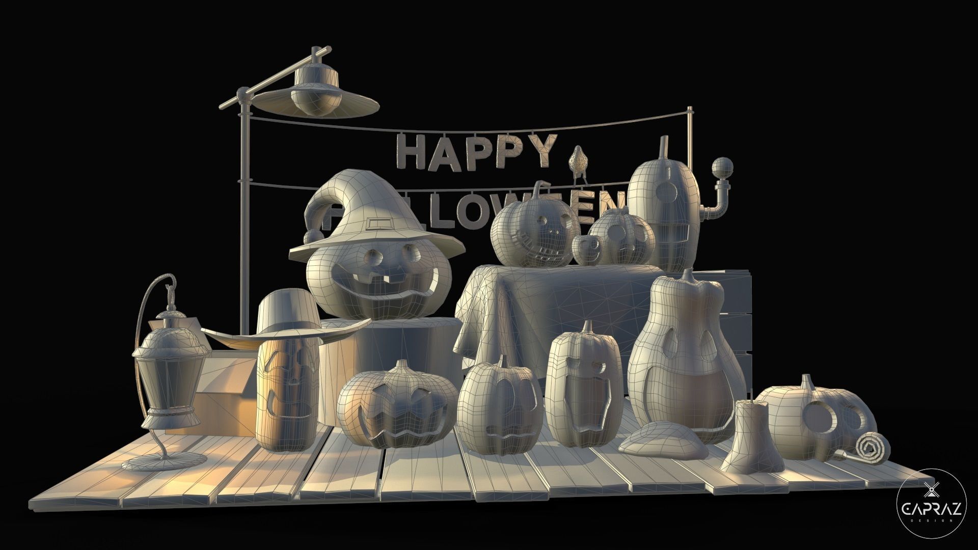 Happy Halloween Pumpkins Scene - PBR Low-poly 3D model_16