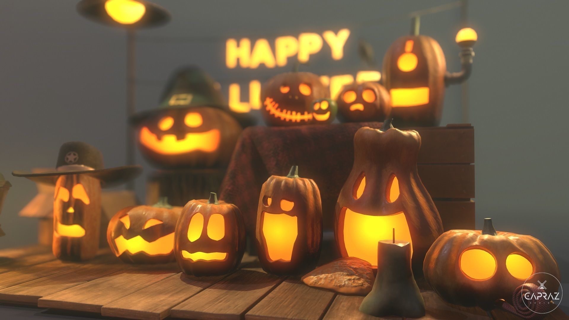 Happy Halloween Pumpkins Scene - PBR Low-poly 3D model_6