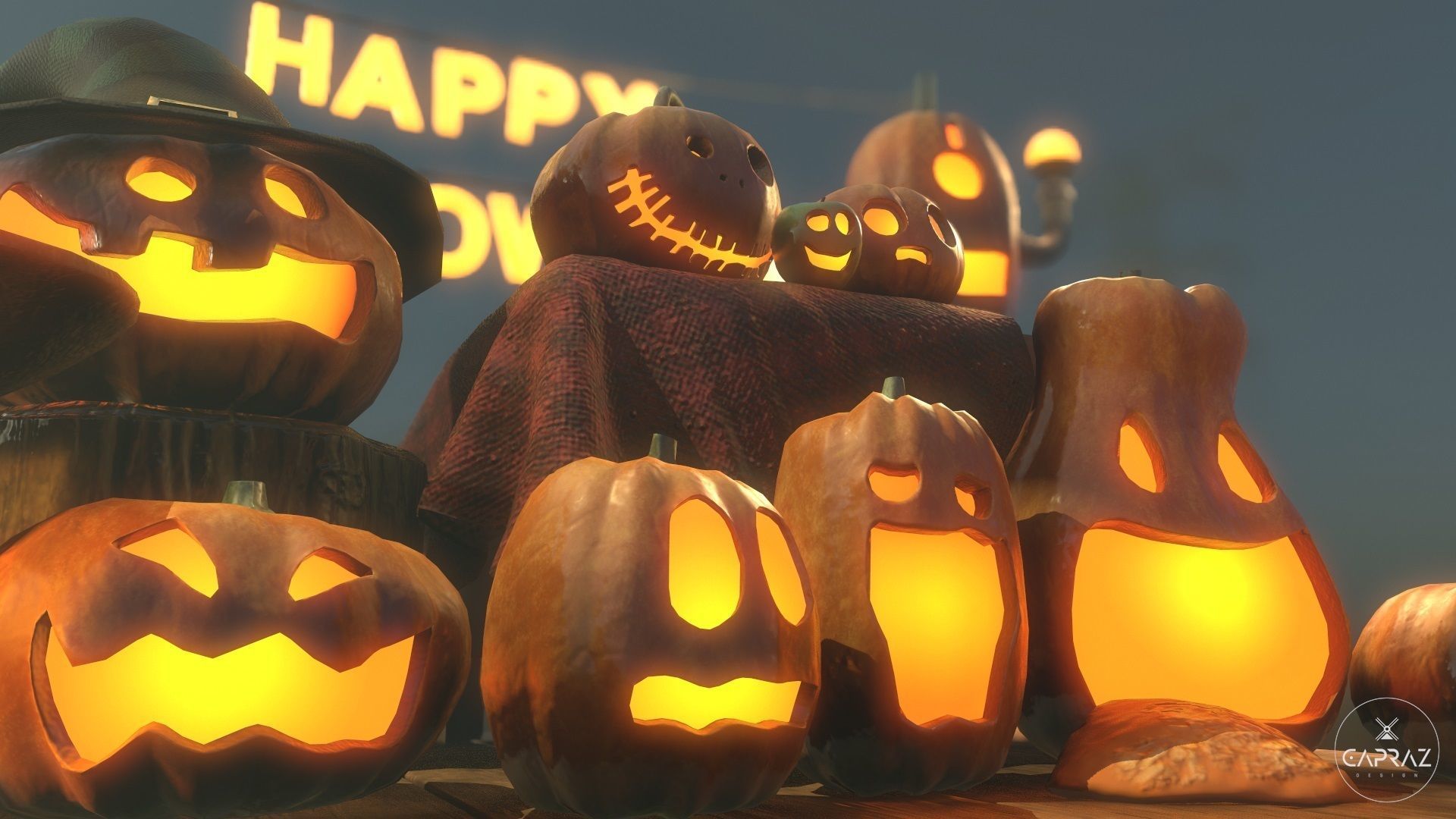 Happy Halloween Pumpkins Scene - PBR Low-poly 3D model_14