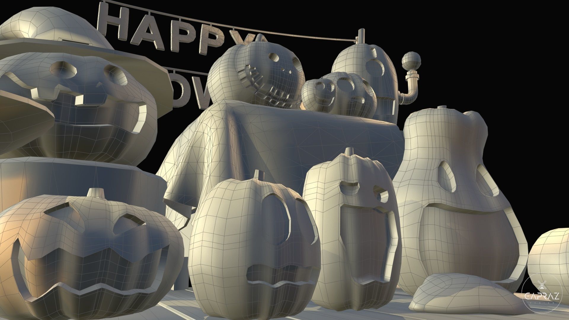 Happy Halloween Pumpkins Scene - PBR Low-poly 3D model_15