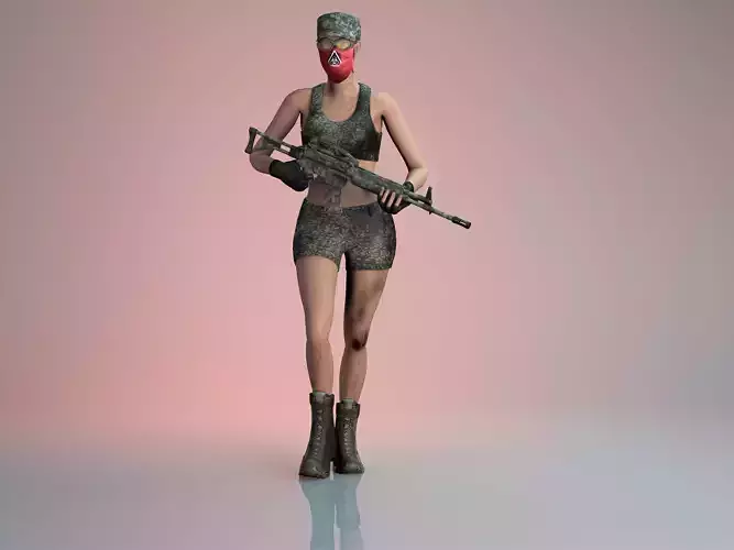 Low poly pbr game character army girl 