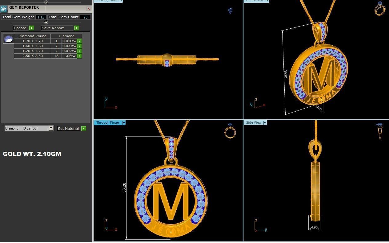 pendant-7607 m initial pendant gold with diamonds 3D print model_1