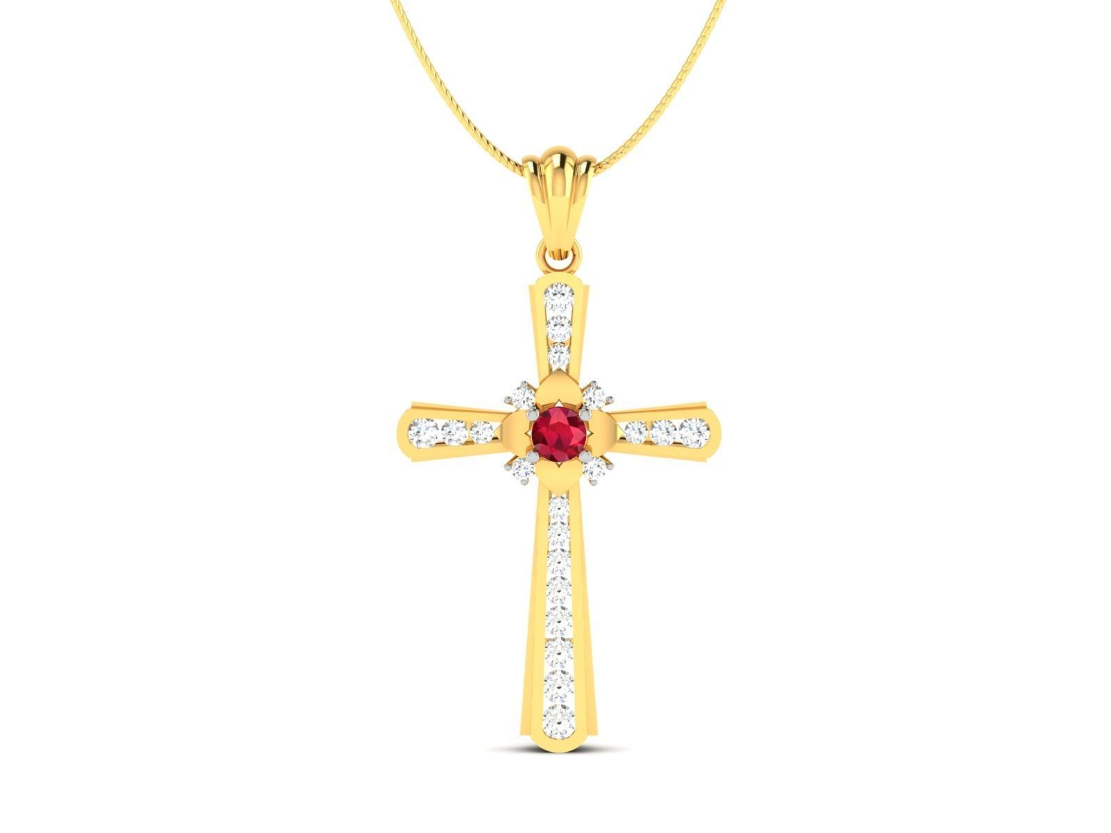 pendant-7227 gold cross pendant with ruby and diamonds 3D print model_3